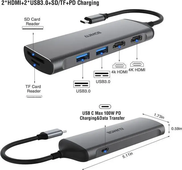 Alt view image 2 of 7 - USB C Docking Station Dual HDMI Monitor, 7-in-1 USB C Hub with 2 HDMI,100W PD, USB 3.0, SD/TF Card Reader Ports, Laptop Docking Station for Dell, HP, Lenovo, Surface and More