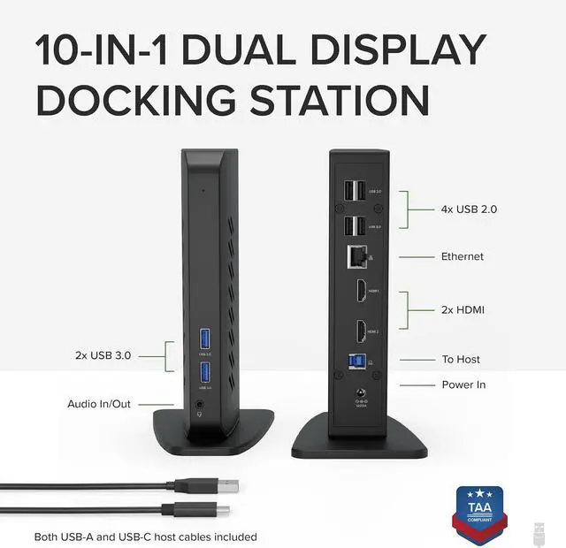 Alt view image 2 of 7 - Plugable USB 3.0 and USB-C Universal Laptop Docking Station with 2 HDMI Ports for Windows, Mac, and ChromeOS (Gigabit Ethernet, Audio)