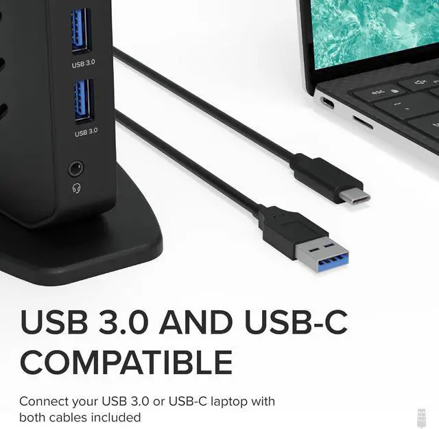 Alt view image 4 of 7 - Plugable USB 3.0 and USB-C Universal Laptop Docking Station with 2 HDMI Ports for Windows, Mac, and ChromeOS (Gigabit Ethernet, Audio)