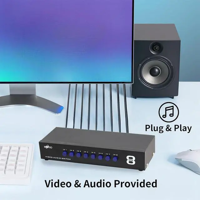 Alt view image 5 of 6 - E-SDS 8-Way AV Switch RCA Switcher 8 in 1 Out Composite Video L/R Audio Selector Box for DVD STB Game Consoles CV0235