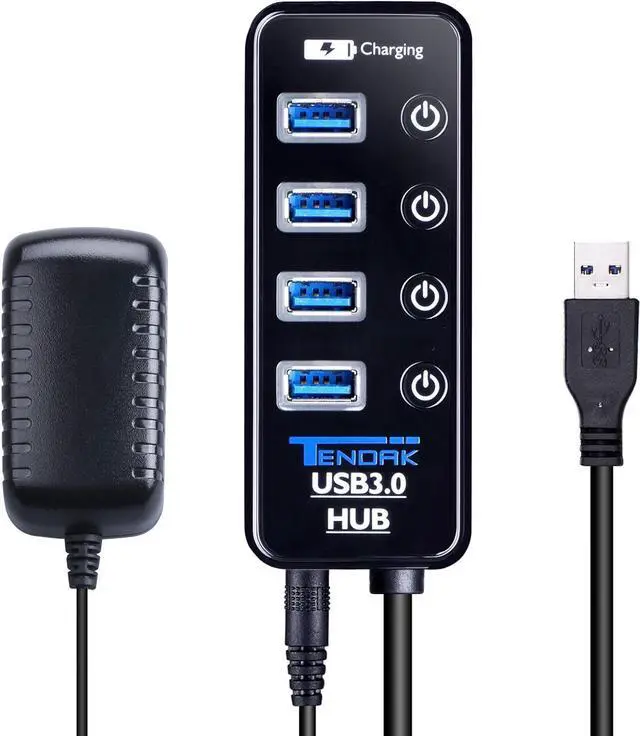 Main image of USB 3.0 Hub - Tendak USB Hub with 4 USB 3.0 Data Ports + 1 USB Smart Charging Port and Power Supply Adapter with Individual On/Off Port Switches for MacBook, Mac Pro, HDD