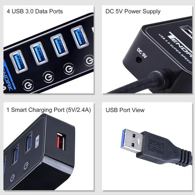 Alt view image 2 of 7 - USB 3.0 Hub - Tendak USB Hub with 4 USB 3.0 Data Ports + 1 USB Smart Charging Port and Power Supply Adapter with Individual On/Off Port Switches for MacBook, Mac Pro, HDD