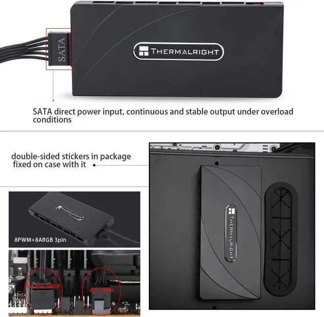Alt view image 4 of 7 - Thermalright ARGB Fan HUB Controller Support 8 Groups of Fans, 8-Port 4 Pin PC Fan Controller, 5V-3Pin ARGB Fan Hub, Strong Paste+Magnetic Suction (12V 4-pin RGB is not Supported)