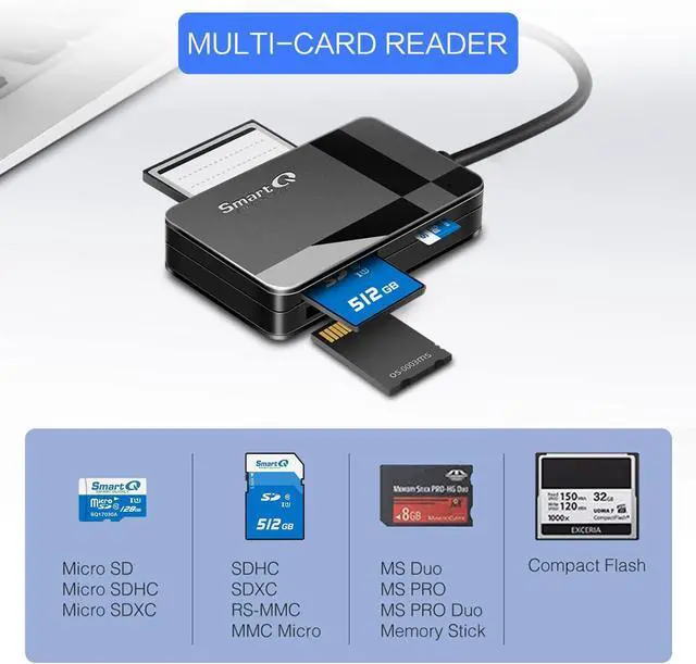 Alt view image 2 of 6 - SmartQ C368 USB 3.0 Card Reader - Plug & Play, Compatible with Apple & Windows, Supports SD, Micro SD, MS, CF Cards