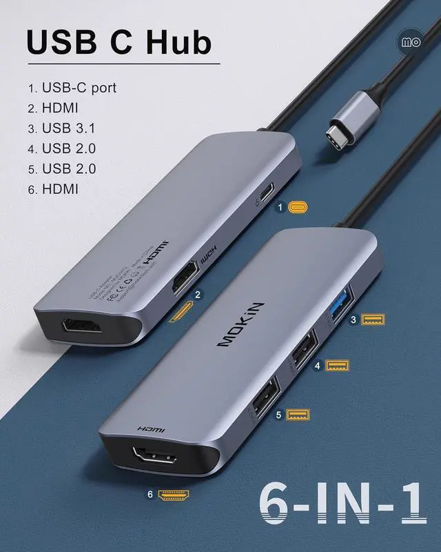 Alt view image 2 of 7 - Docking Station USB C to Dual HDMI Adapter, MOKiN USB C Hub Dual HDMI Monitors for Windows,USB C Adapter with Dual HDMI,3 USB Port,PD Compatible for Dell XPS 13/15, Lenovo Yoga,etc