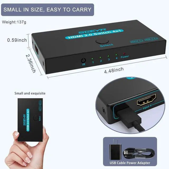 Alt view image 2 of 7 - SGEYR HDMI 2.0 Switch 4 Port, HDMI Switch Splitter 4 in 1 Out, Metal HDMI Switcher 4K with IR Remote, Support HDCP 2.2 Support 4K@60Hz Ultra HD 3D 2160P 1080P, Compatible for PS3/PS4,Xbox