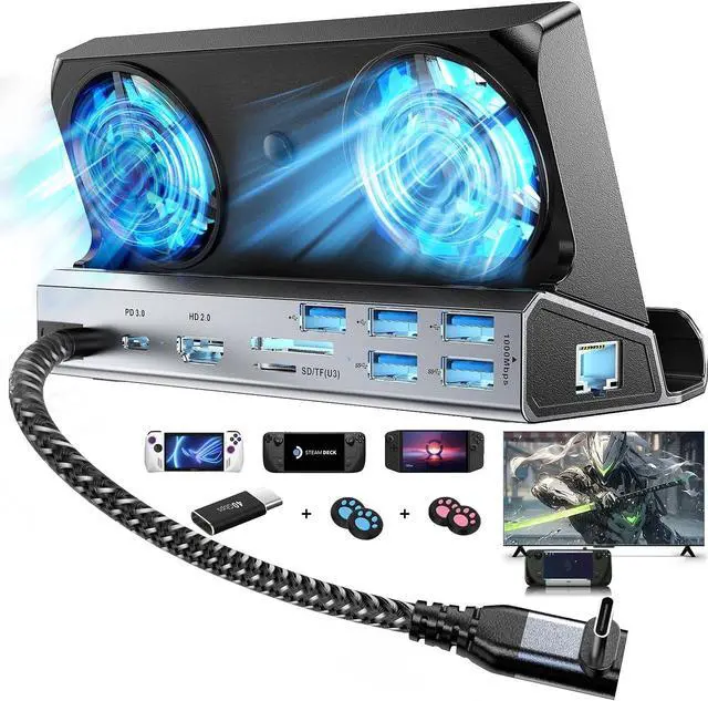 Main image of Dual Cooling Fans 13 in 1 Steam Deck Docking Station with 4K@60Hz 5 USB Ports,1000Mbps,SD/TF Slot,USB-C 100W PD, 40Gbps Adapter for Steam Deck/Rog Ally/Switch/Legion Go