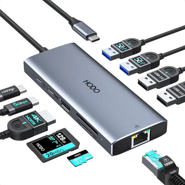 Main image of USB C Hub Multiport Adapter, 10-in-1 Laptop USB C Docking Station for Dell/HP Laptop, Dock to 4K HDMI,Ethernet,100W PD,3USB 3.0, 2USB 2.0, SD/TF, USB Type C Dongle for MacBook, Surface, Lenovo