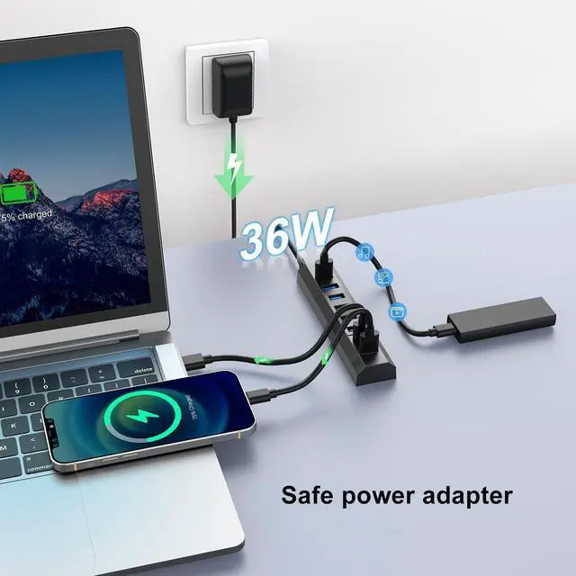 Alt view image 4 of 7 - RAOYI Powered USB 3.0 Hub, 8 Ports High Speed USB 3.0 Hub Splitter with 36W Power Adapter, 3.3ft Cable and Smart Fast Charger USB Hub for Laptop, PC, Mobile HDD, Mulitple Devices (Gray)