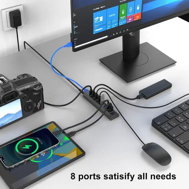 Alt view image 3 of 7 - RAOYI Powered USB 3.0 Hub, 8 Ports High Speed USB 3.0 Hub Splitter with 36W Power Adapter, 3.3ft Cable and Smart Fast Charger USB Hub for Laptop, PC, Mobile HDD, Mulitple Devices (Gray)