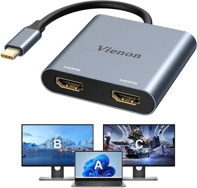 Main image of VIENON USB C to Dual HDMI Adapter 4K@60hz, Type C to HDMI Splitter for 2 Monitors, USB C Hub Extend Display for MacBook Air/Pro, More Laptops with Thunderbolt 3/4 Ports
