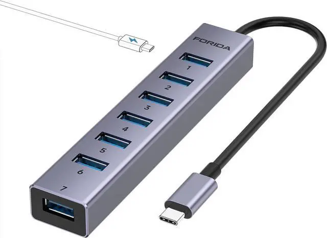 Main image of FORIDA USB C to USB Hub, 8 Ports USB 3.0 Adapter with 7 USB 3.0 Data Ports,USB Splitter with USB C 5V/3A Power Port, 7.9IN/20CM Main Cable USB HUB for Laptop PC IPAD Phones and More