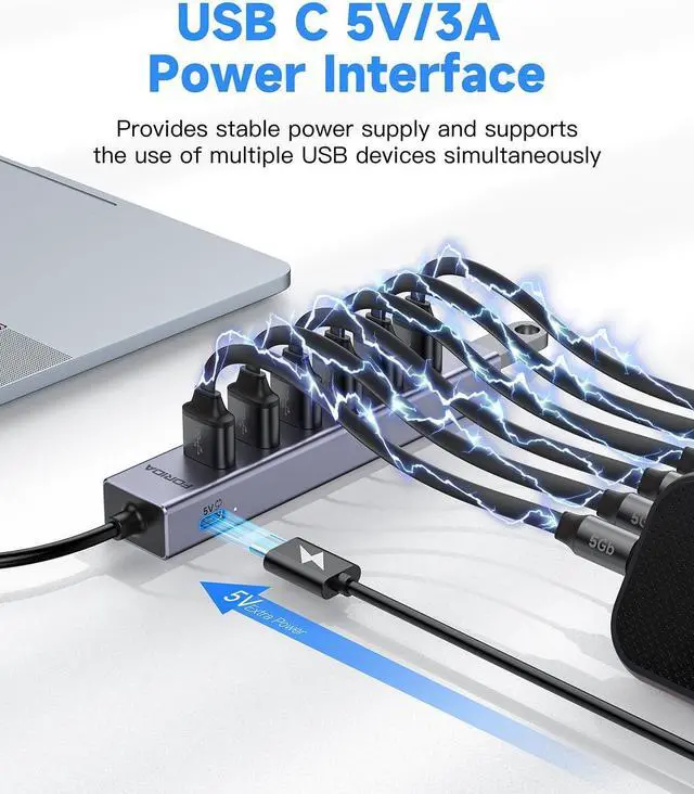 Alt view image 3 of 6 - FORIDA USB C to USB Hub, 8 Ports USB 3.0 Adapter with 7 USB 3.0 Data Ports,USB Splitter with USB C 5V/3A Power Port, 7.9IN/20CM Main Cable USB HUB for Laptop PC IPAD Phones and More