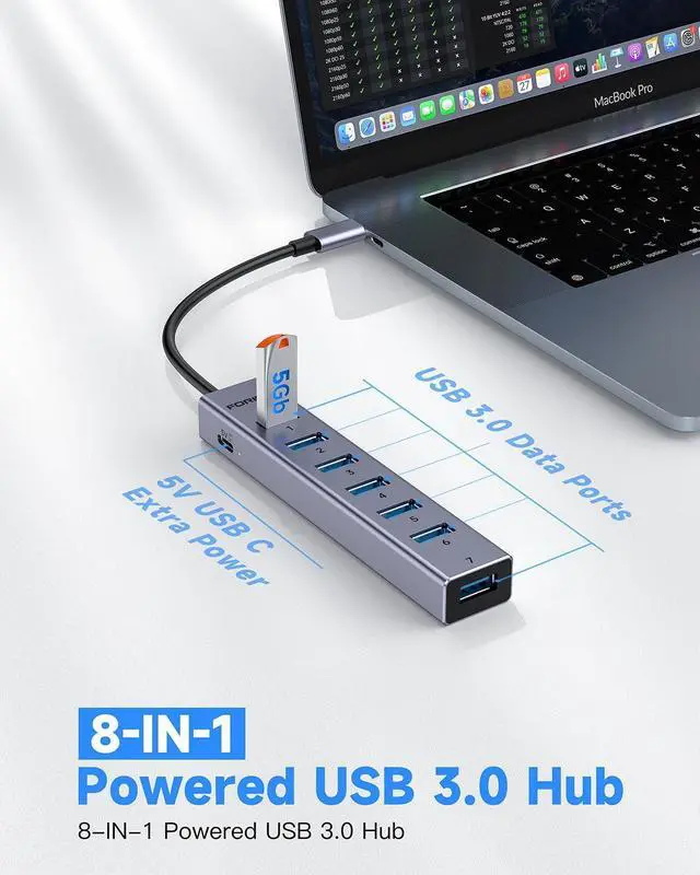 Alt view image 2 of 6 - FORIDA USB C to USB Hub, 8 Ports USB 3.0 Adapter with 7 USB 3.0 Data Ports,USB Splitter with USB C 5V/3A Power Port, 7.9IN/20CM Main Cable USB HUB for Laptop PC IPAD Phones and More