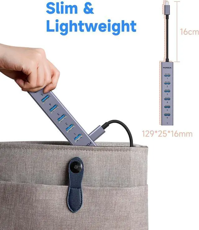 Alt view image 5 of 6 - FORIDA USB C to USB Hub, 8 Ports USB 3.0 Adapter with 7 USB 3.0 Data Ports,USB Splitter with USB C 5V/3A Power Port, 7.9IN/20CM Main Cable USB HUB for Laptop PC IPAD Phones and More