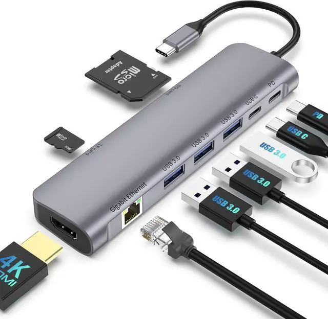 Main image of USB C Hub Multiport Adapter, 9 in 1 Docking Station Laptop with HDMI, Ethernet, 100W PD, 3 USB 3.0 Ports, USB-C Data Port, SD/TF Card Reader, Compatible with MacBook Pro/Air/Dell XPS/Lenovo