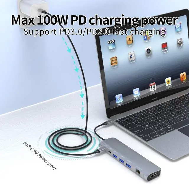 Alt view image 3 of 5 - USB C Hub Multiport Adapter, 9 in 1 Docking Station Laptop with HDMI, Ethernet, 100W PD, 3 USB 3.0 Ports, USB-C Data Port, SD/TF Card Reader, Compatible with MacBook Pro/Air/Dell XPS/Lenovo