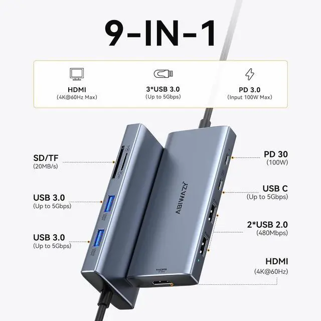 Alt view image 7 of 7 - USB C Hub Multiport Adapter for MacBook Pro/Air, 9 in 1 USB C Dongle Dock Mac HDMI Adapter Compatible for iPad Pro,iMac,Dell XPS,Thinkpad(4K@60Hz HDMI,SD/TF Card Reader,100W PD, 5 USB Ports)