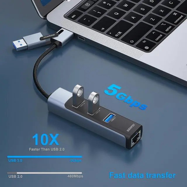 Alt view image 4 of 6 - BENFEI 2in1 USB-C/USB 3.0 to Ethernet Adapter with 3*USB 3.0 Ports Compatible for iPhone 15 Series, MacBook Pro/Air 2023/2022/2021/2020/2019 and More