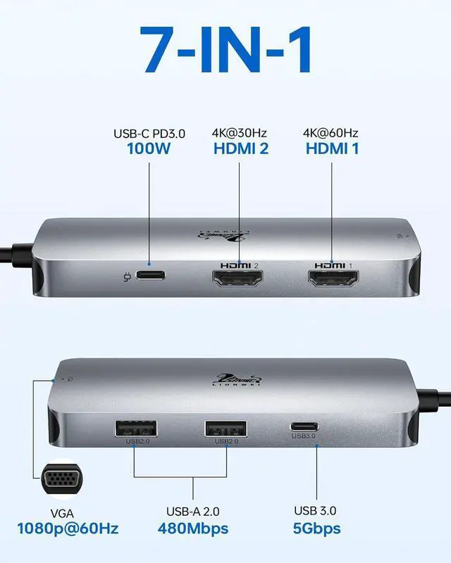 Alt view image 2 of 7 - USB C Docking Station Dual HDMI Adapter, LIONWEI Laptop Docking Station Dual Monitor with Dual 4K HDMI, VGA, Fast Charging Port, 3 USB, USB C Hub Multiport Adapter for Dell, Lenovo, HP, Surface