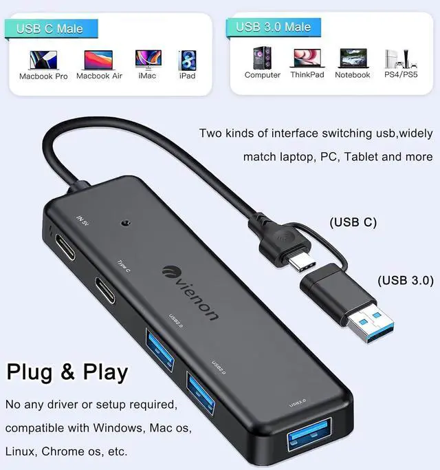 Alt view image 7 of 7 - VIENON USB 3.0 Hub (5 in 1), USB C Hub, USB C to USB 3.0 Hub Adapter with USB C Power/Data Ports, USB Extender USB A&C Docking Station for Laptop PC MacBook Dell, HP, PS4/5, SSD and More