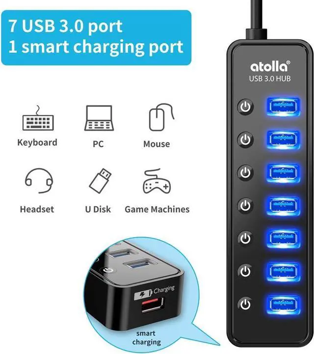 Alt view image 2 of 6 - Powered USB Hub 3.0, Atolla 7-Port USB Data Hub Splitter with One Smart Charging Port and Individual On/Off Switches and 5V/4A Power Adapter USB Extension for MacBook, Mac Pro/Mini and More.