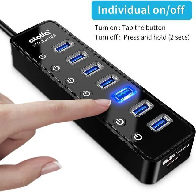 Alt view image 3 of 6 - Powered USB Hub 3.0, Atolla 7-Port USB Data Hub Splitter with One Smart Charging Port and Individual On/Off Switches and 5V/4A Power Adapter USB Extension for MacBook, Mac Pro/Mini and More.