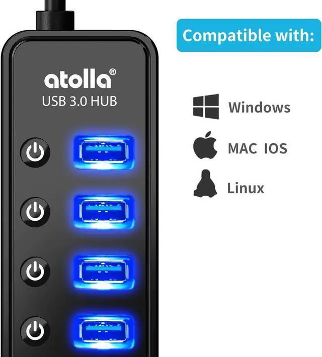 Alt view image 4 of 6 - Powered USB Hub 3.0, Atolla 7-Port USB Data Hub Splitter with One Smart Charging Port and Individual On/Off Switches and 5V/4A Power Adapter USB Extension for MacBook, Mac Pro/Mini and More.