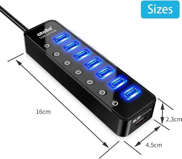 Alt view image 6 of 6 - Powered USB Hub 3.0, Atolla 7-Port USB Data Hub Splitter with One Smart Charging Port and Individual On/Off Switches and 5V/4A Power Adapter USB Extension for MacBook, Mac Pro/Mini and More.
