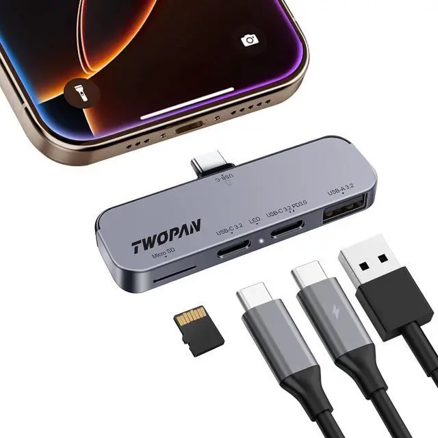 Main image of USB C iPhone Hub for ProRes Video Recording - Ultra-Slim Aluminum USB 3.2, Dual USB-C, Micro SD, and Charging Port Hub for iPhone 16/15 Pro/Pro Max