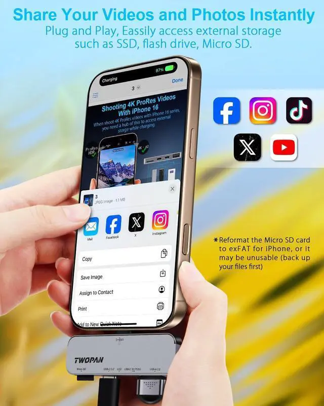 Alt view image 4 of 7 - USB C iPhone Hub for ProRes Video Recording - Ultra-Slim Aluminum USB 3.2, Dual USB-C, Micro SD, and Charging Port Hub for iPhone 16/15 Pro/Pro Max