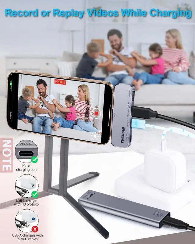 Alt view image 3 of 7 - USB C iPhone Hub for ProRes Video Recording - Ultra-Slim Aluminum USB 3.2, Dual USB-C, Micro SD, and Charging Port Hub for iPhone 16/15 Pro/Pro Max