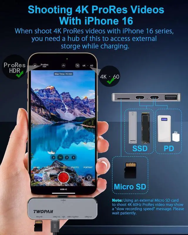 Alt view image 2 of 7 - USB C iPhone Hub for ProRes Video Recording - Ultra-Slim Aluminum USB 3.2, Dual USB-C, Micro SD, and Charging Port Hub for iPhone 16/15 Pro/Pro Max