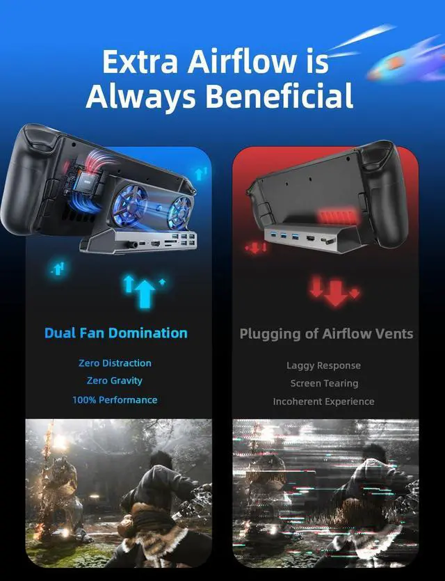 Alt view image 4 of 7 - LISEN 10-IN-1 Docking Station for Steam Deck OLED&ROG Ally X&Legion Go, Dual Cooling Fan 5 USB Ports and 4K@60Hz, 100W Charging Port Support ROG Ally 30W Mode, Gigabit Ethernet Fit for Steam Deck OLED