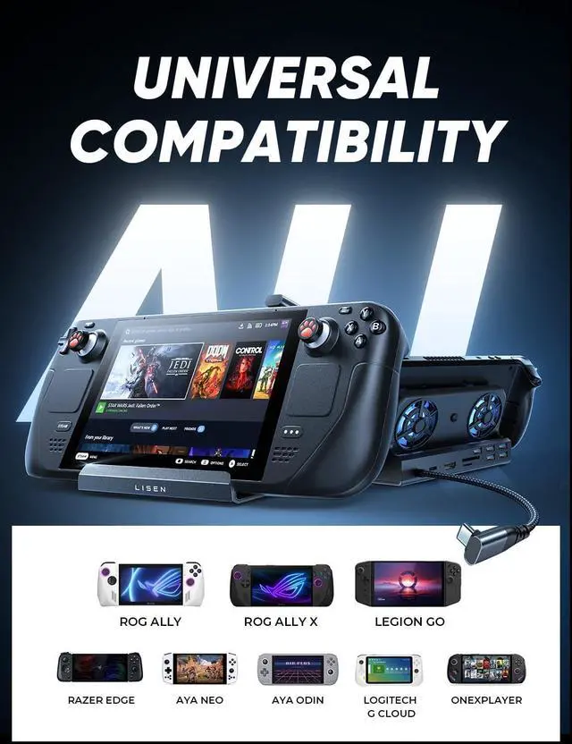 Alt view image 7 of 7 - LISEN 10-IN-1 Docking Station for Steam Deck OLED&ROG Ally X&Legion Go, Dual Cooling Fan 5 USB Ports and 4K@60Hz, 100W Charging Port Support ROG Ally 30W Mode, Gigabit Ethernet Fit for Steam Deck OLED