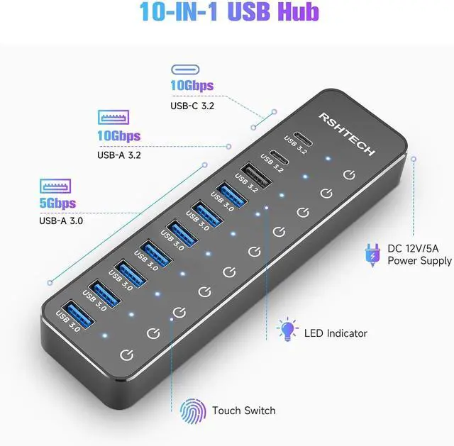 Alt view image 2 of 7 - Powered USB Hub, RSHTECH 10-Port USB 3.2/USB C Hub 60W with 10Gbps USB-A 3.2, 2 USB-C 3.2, 7 USB 3.0 Ports, Individual Touch Switches and 3.3ft Cable, Hybrid USB Splitter for Laptop/PC, RSH-ST10C