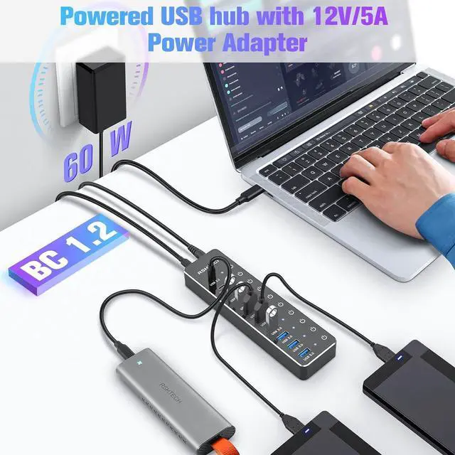 Alt view image 4 of 7 - Powered USB Hub, RSHTECH 10-Port USB 3.2/USB C Hub 60W with 10Gbps USB-A 3.2, 2 USB-C 3.2, 7 USB 3.0 Ports, Individual Touch Switches and 3.3ft Cable, Hybrid USB Splitter for Laptop/PC, RSH-ST10C