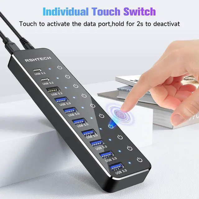 Alt view image 6 of 7 - Powered USB Hub, RSHTECH 10-Port USB 3.2/USB C Hub 60W with 10Gbps USB-A 3.2, 2 USB-C 3.2, 7 USB 3.0 Ports, Individual Touch Switches and 3.3ft Cable, Hybrid USB Splitter for Laptop/PC, RSH-ST10C