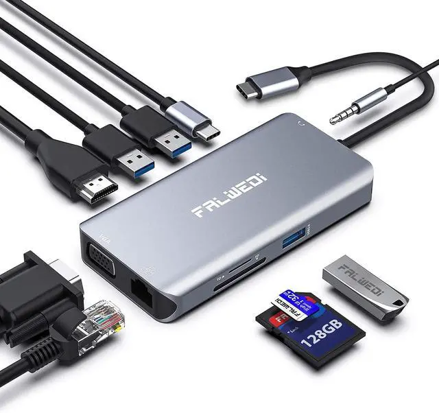 Main image of USB C Hub, Type C Adapter, FALWEDI 10-in-1 Dongle with Ethernet, 4K@30Hz HDMI, VGA, 3 USB3.0, SD/TF Card Reader, Mic/Audio, USB-C PD 3.0, Compatible for MacBook Air Pro and Other Type C Laptops