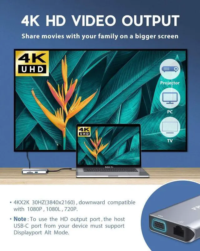 Alt view image 3 of 7 - USB C Hub, Type C Adapter, FALWEDI 10-in-1 Dongle with Ethernet, 4K@30Hz HDMI, VGA, 3 USB3.0, SD/TF Card Reader, Mic/Audio, USB-C PD 3.0, Compatible for MacBook Air Pro and Other Type C Laptops