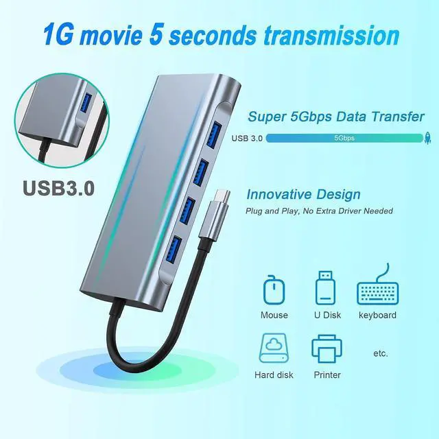 Alt view image 5 of 7 - USB C HUB, USB C Adapter 11 in 1 Dongle with 4K HDMI, VGA, Type C PD, USB3.0, RJ45 Ethernet, SD/TF Card Reader, 3.5mm AUX, Docking Station Compatible with MacBook Pro/Air, Other Type C Laptops