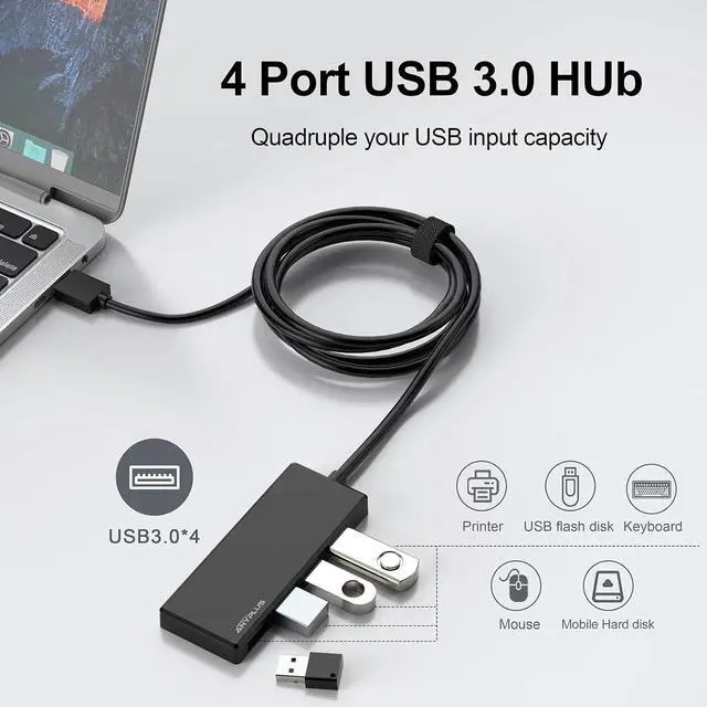 Alt view image 2 of 7 - USB Hub, Multiport USB Splitter Adapter, 2 ft Long Cable USB 3.0 Hub, USB Extender for Laptop, PC, iMac, Surface Pro, MacBook, Mac Pro, Flash Drive, XPS, Mouse, HDD