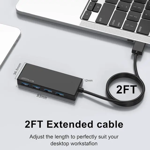 Alt view image 4 of 7 - USB Hub, Multiport USB Splitter Adapter, 2 ft Long Cable USB 3.0 Hub, USB Extender for Laptop, PC, iMac, Surface Pro, MacBook, Mac Pro, Flash Drive, XPS, Mouse, HDD