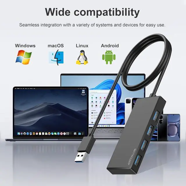 Alt view image 7 of 7 - USB Hub, Multiport USB Splitter Adapter, 2 ft Long Cable USB 3.0 Hub, USB Extender for Laptop, PC, iMac, Surface Pro, MacBook, Mac Pro, Flash Drive, XPS, Mouse, HDD