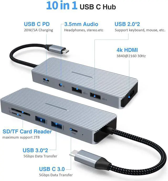 Alt view image 3 of 6 - TOTU USB C Hub, Type C Adapter, 10 in 1 MacBook Pro/Air USB C Hub Multiport Adapter with 4K HDMI, 100W PD, USB C 3.0, 2 USB 3.0, 2 USB 2.0, SD/TF Card Reader and 3.5mm Audio