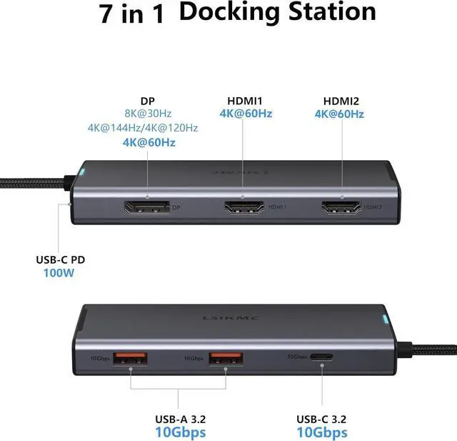Alt view image 2 of 7 - 4K Triple Monitor Docking Station, 7-in-1 USB C Hub with Dual HDMI 4K@60Hz, DP 8K@30Hz/4K@144Hz/4K@120Hz, 100W PD, 3x10Gbps USB for Dell/HP/Lenovo