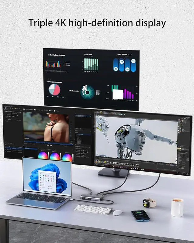 Alt view image 3 of 7 - 4K Triple Monitor Docking Station, 7-in-1 USB C Hub with Dual HDMI 4K@60Hz, DP 8K@30Hz/4K@144Hz/4K@120Hz, 100W PD, 3x10Gbps USB for Dell/HP/Lenovo