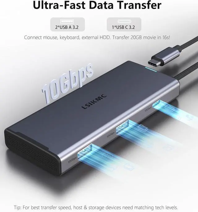 Alt view image 6 of 7 - 4K Triple Monitor Docking Station, 7-in-1 USB C Hub with Dual HDMI 4K@60Hz, DP 8K@30Hz/4K@144Hz/4K@120Hz, 100W PD, 3x10Gbps USB for Dell/HP/Lenovo