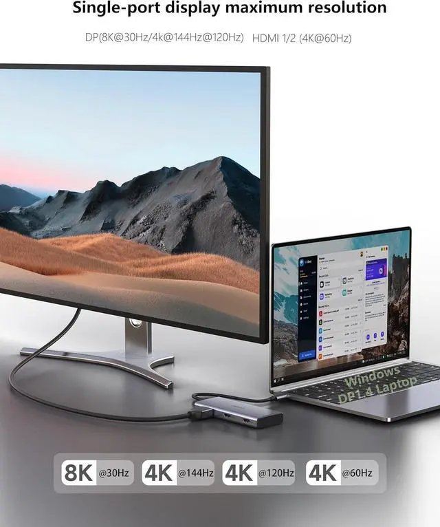 Alt view image 4 of 7 - 4K Triple Monitor Docking Station, 7-in-1 USB C Hub with Dual HDMI 4K@60Hz, DP 8K@30Hz/4K@144Hz/4K@120Hz, 100W PD, 3x10Gbps USB for Dell/HP/Lenovo