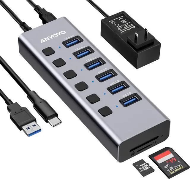 Main image of Powered USB Hub with TF/SD Card Reader, 8-Port USB 3.0 Hub with 6 USB 3.0 Data Ports, USB Spilter with Individual On/Off SwitchesAluminum USB Hub with AC Adapter for PC, Desktop, MacBook